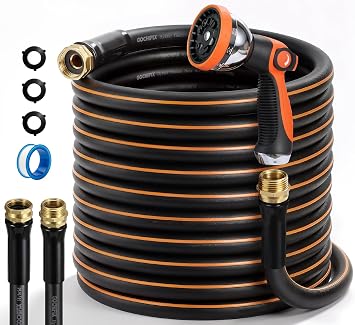 Garden Hose, 25ft 5/8" Heavy Duty Rubber Water Hose w/ 10-Mode Spray Nozzle, 550 PSI Burst, 360 Anti-Kink Swivel Connectors, All-Weather Flexible, Leakproof 3/4" Brass Male to Female Fittings
