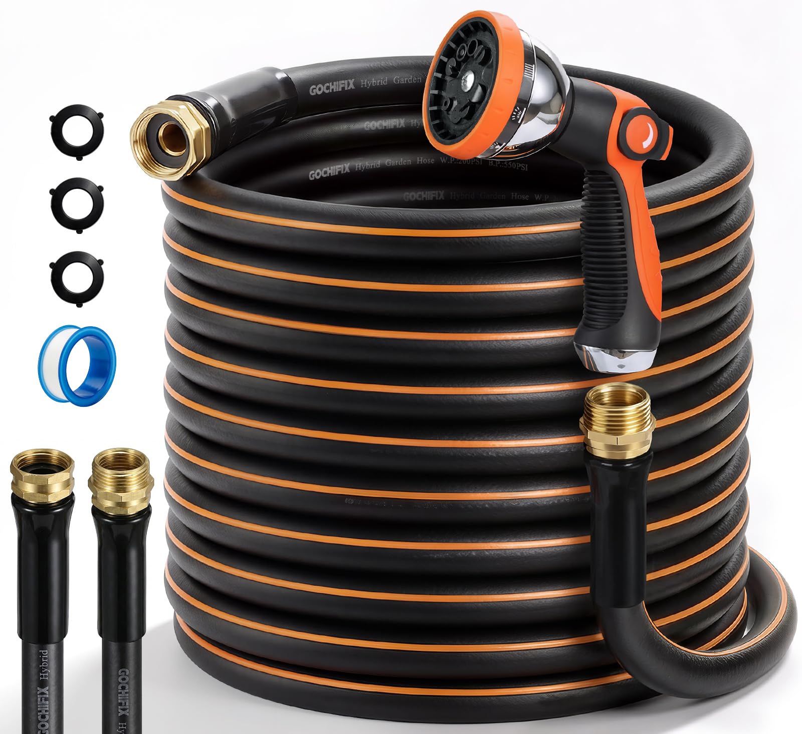 Garden Hose, 25ft 5/8" Heavy Duty Rubber Water Hose w/ 10-Mode Spray Nozzle, 550 PSI Burst, 360° Anti-Kink Swivel Connectors, All-Weather Flexible, Leakproof 3/4" Brass Male to Female Fittings