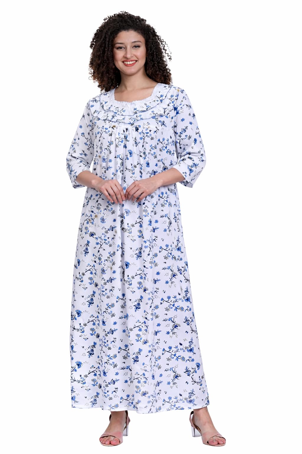 Cotton Nighty for Women — Printed 3/4 Seeve Night Gown, Comfortable Sleepwear Long Nightwear, Maxi-image-30