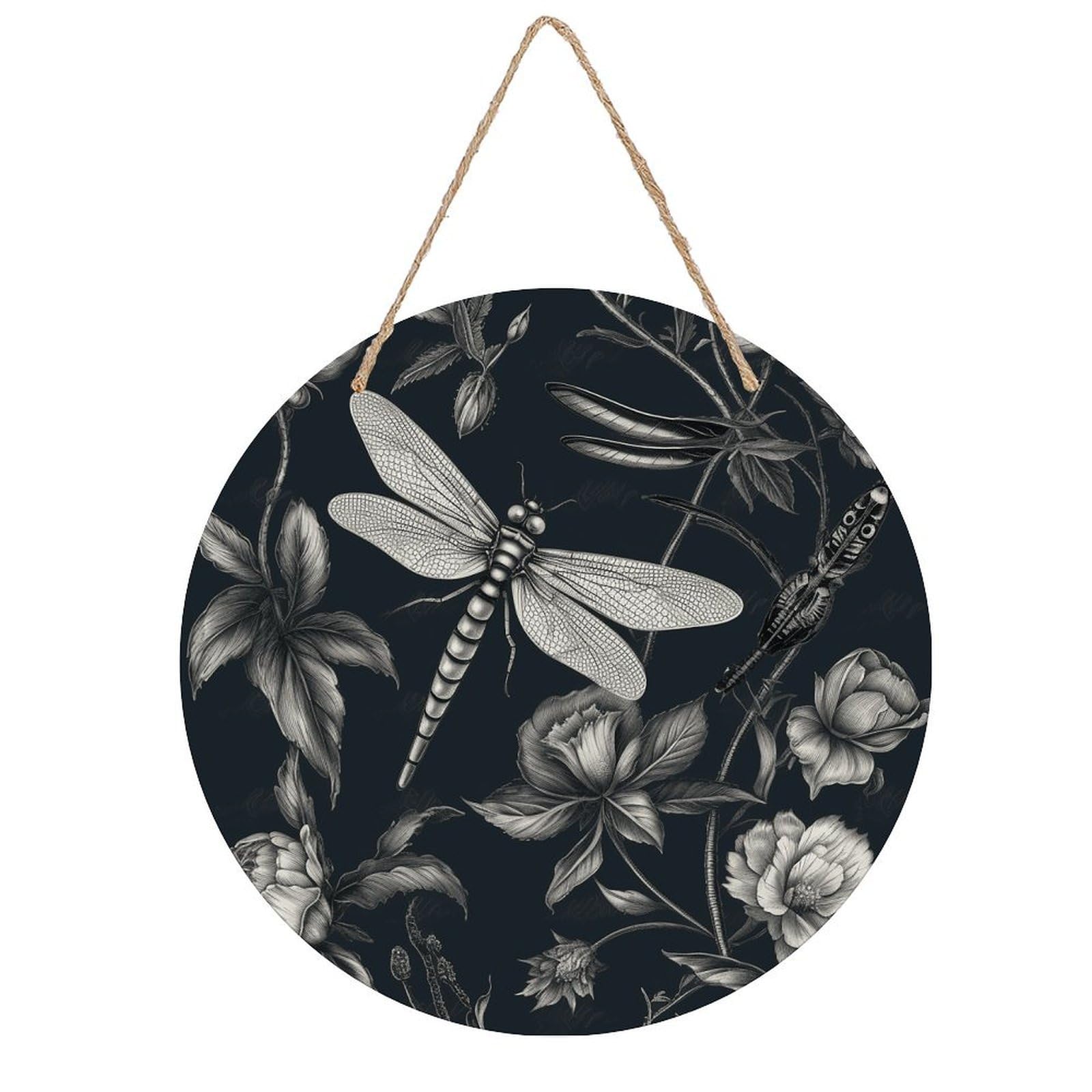 VstaDank Black Flowers And Dragonfly Wall Decor Round Wood Hanging Sign 7.9x7.9 in Wooden Circle Door Hanger with Ropes, Rustic Wall Art Decor for Home Front Door Indoor Outdoor Decoration
