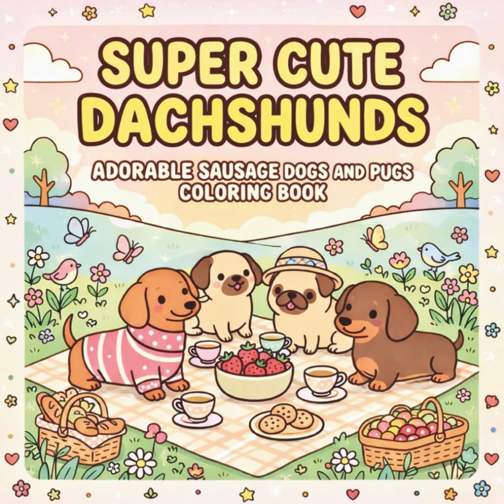 SUPER CUTE DACHSHUNDS: Adorable Sausage Dogs and Pugs Coloring Book: Kawaii Dog Coloring Pages with Doxies, Bold & Easy Cute Puppy Patterns for Kids, Teens and Adults
