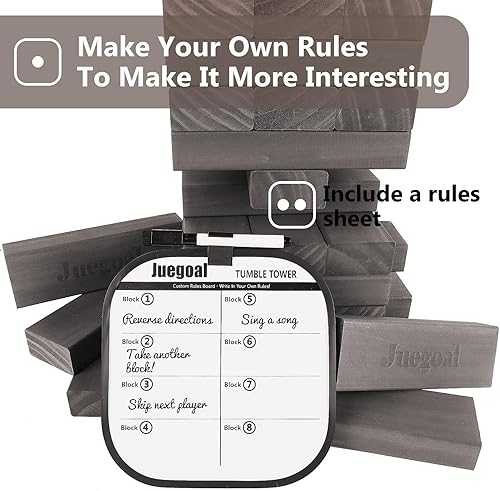 Miniatura 7 de Juegoal Torre gigante de 54 piezas gris para adultos y niños, juego de apilamiento de bloques de madera con tablero de juego y bolsa de lona, juegos
