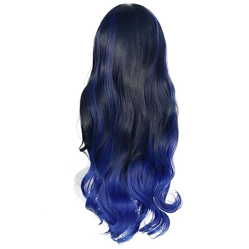 Miniatura 5 de ANOGOL Gorro de pelo + peluca larga azul oscuro ombré, juego ondulado, colorido escenario cosplay, peluca para mujeres y niñas, peluca sintética