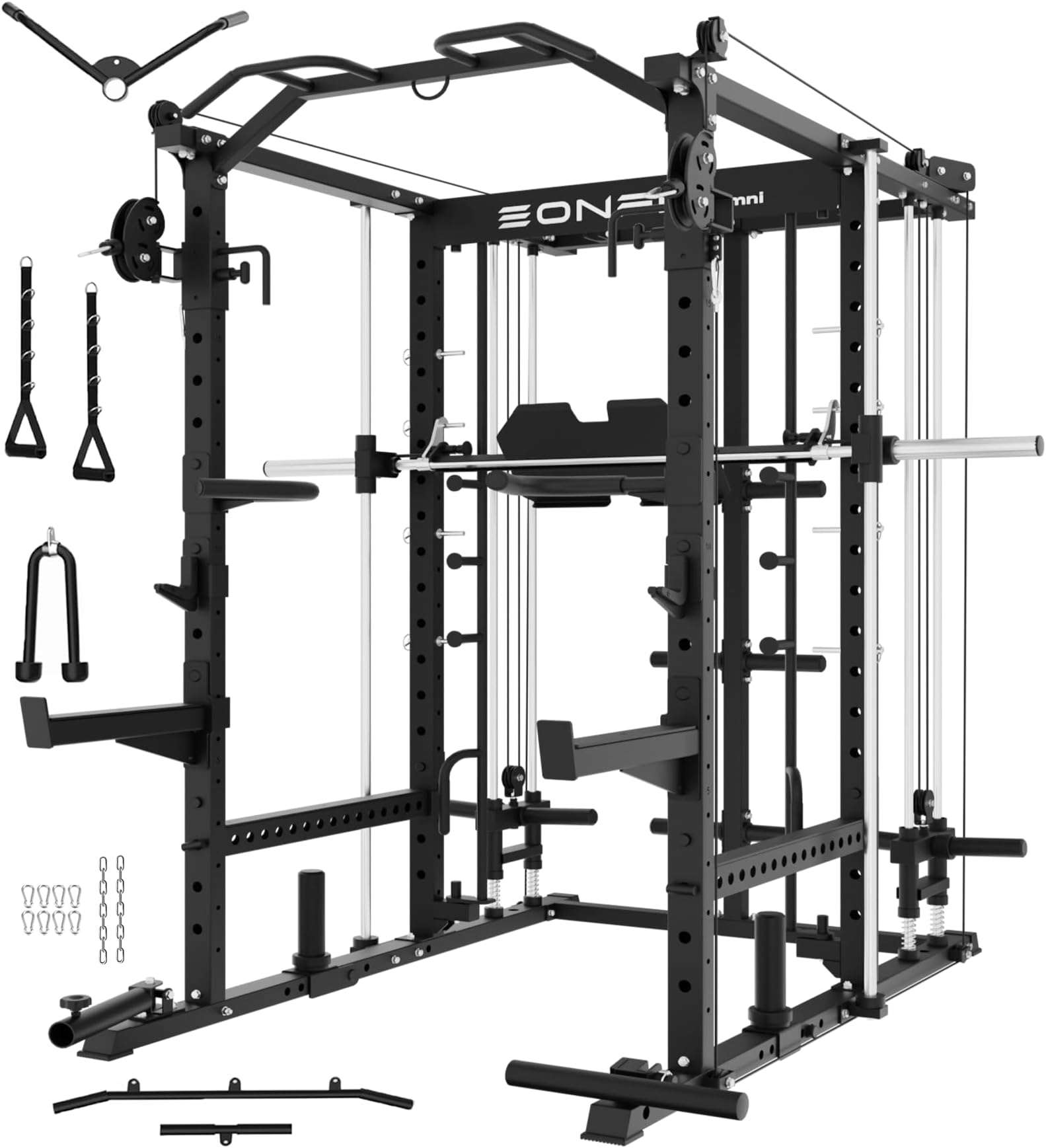 Eonfit E5 Smith Machine with Vertical Leg Press, Power Cage Squat Rack with LAT-Pull Down Cable Crossover Rotating Arms System Home Gym Equipment All in One