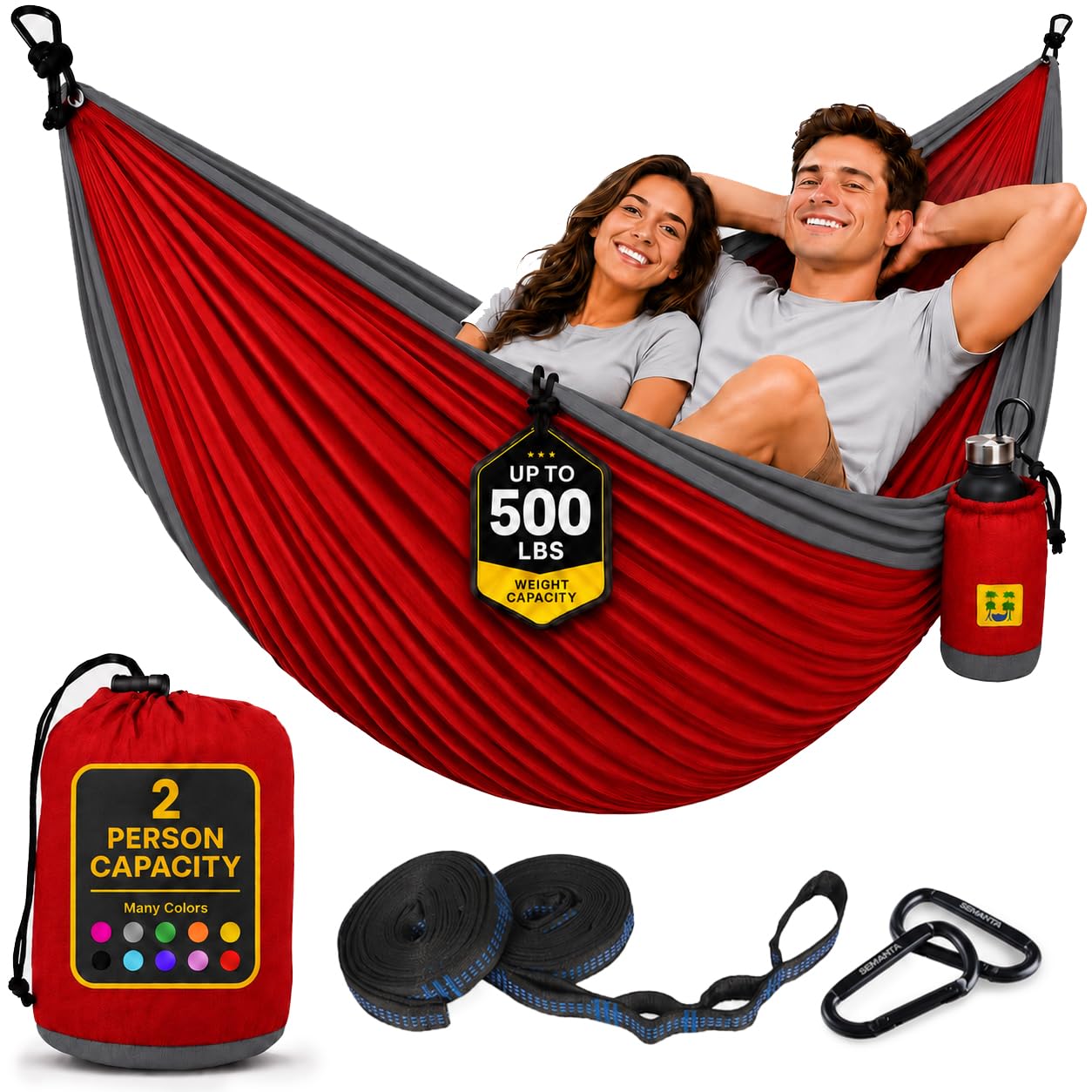 Durable Hammock 500 lb Capacity, Nylon Camping Hammock Chair - Double or Single Sizes w/Tree Straps and Attached Carry Bag - Portable for Travel/Backpacking/Beach/Backyard (Large, Red &amp; Dark Grey)