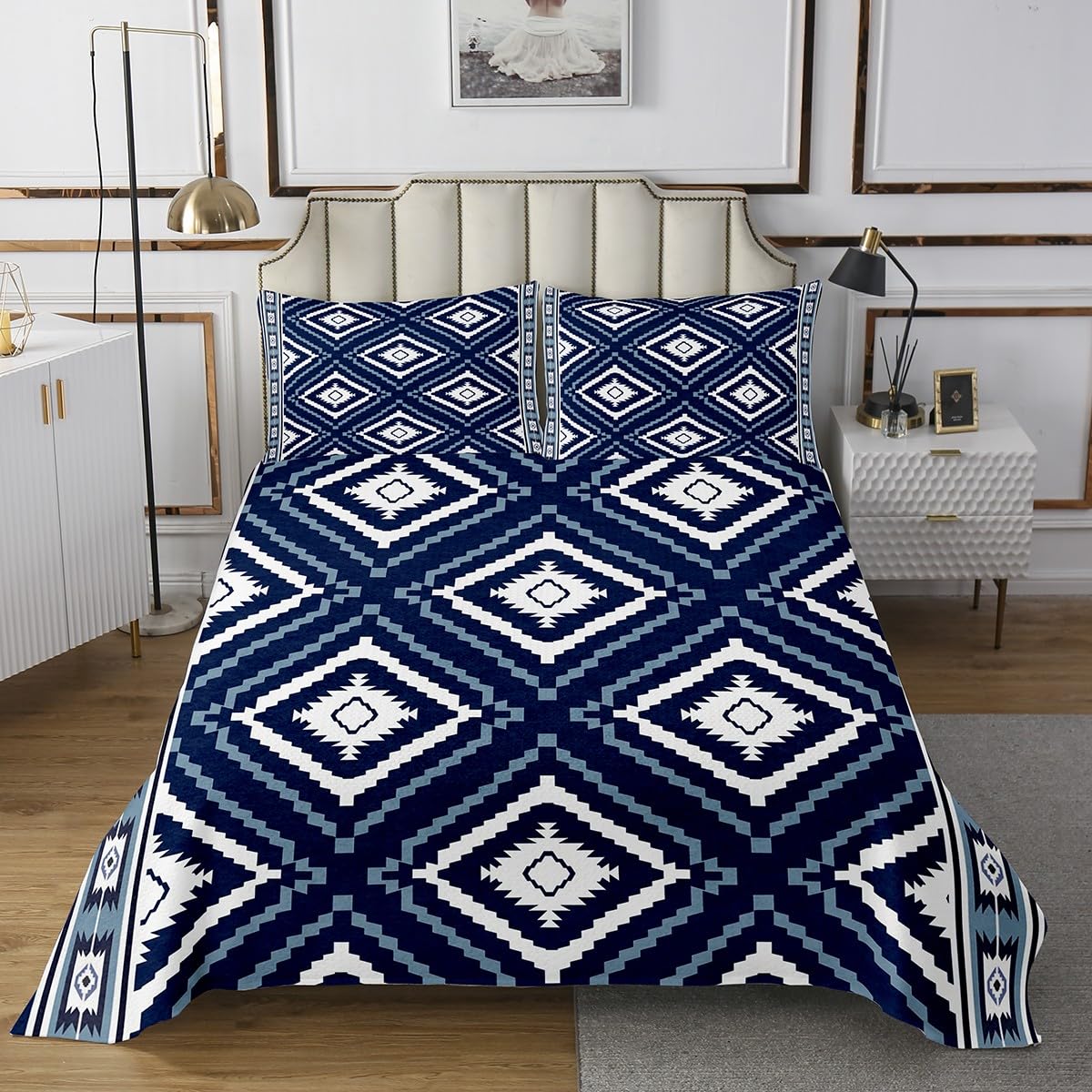 jejeloiu Southwestern Geometric Quilted Coverlet Twin Size Tribal Bedspread for Kids Boys Girls Decor Southwest Native Coverlet Set Soft Microfiber Blue White Bedroom Decor