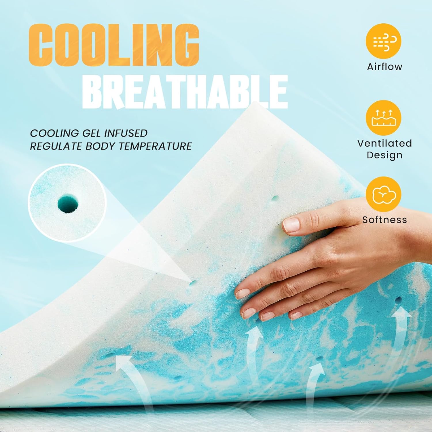 NEWBULIG Mattress Toppers Memory Foam Queen, 2 Inch Thick Bed Topper Pad Cooling Gel Infused Soft Comfy Padding Breathable for Sleeper Sofa Couch RV Camper, CertiPUR-US Certified Blue&white-2 Inch Queen