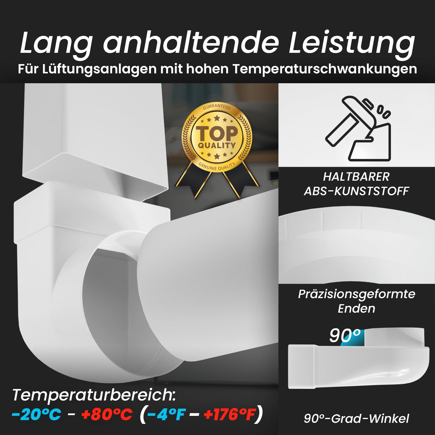 Repa Market Conector de tubo rectangular de 90 grados 150 x 75 mm para tubo de ventilación redondo de 125 mm – Tubo redondo de plástico ABS para calefacción, refrigeración, canal plano, conducto de