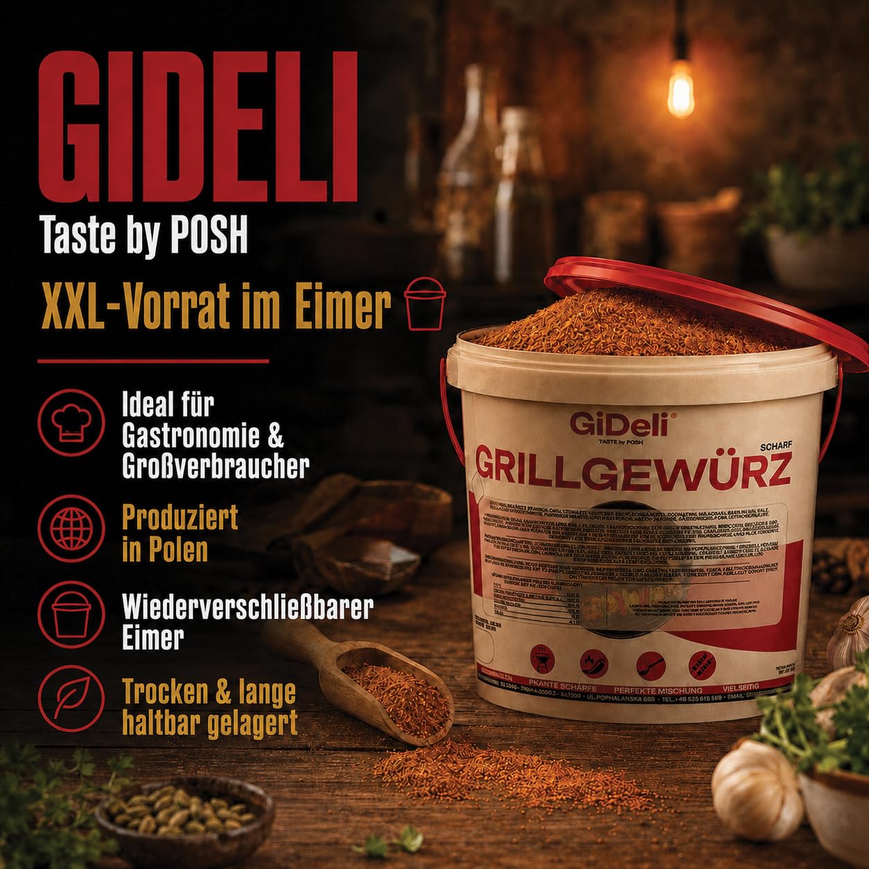 GiDeli Grillgewürz Scharf 10kg im Eimer - Feurige & Aromatische Gewürzmischung für den Grill - Ideal für Schweinenacken, Rippchen, Geflügel & Schaschlik - Trockenmarinade & Rub - Sofort Einsatzbereit