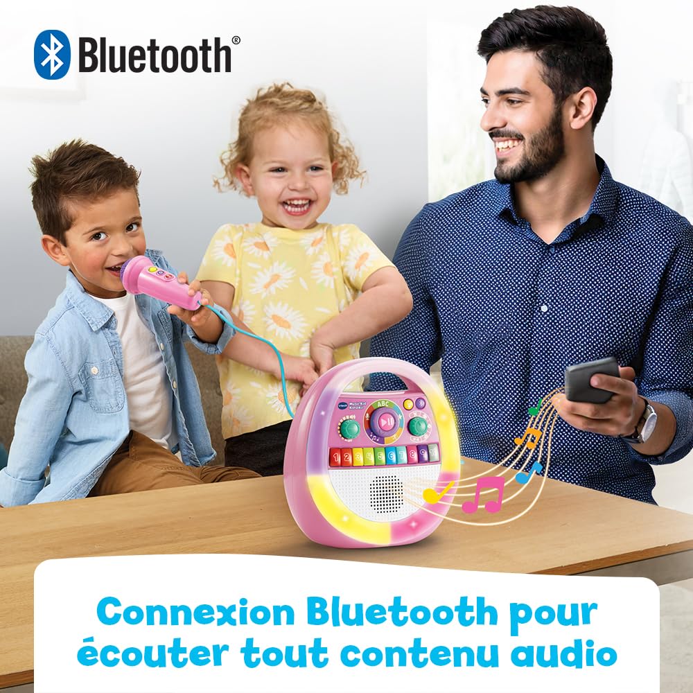 VTech Music'Kid Karaoké Rose Baladeur Musical Enfant Dès 2 Ans | Enceinte Bluetooth Lumineuse avec Micro Karaoké, Enregistreur Vocal, Comptines, Chansons Éducatives et Relaxantes en Français
