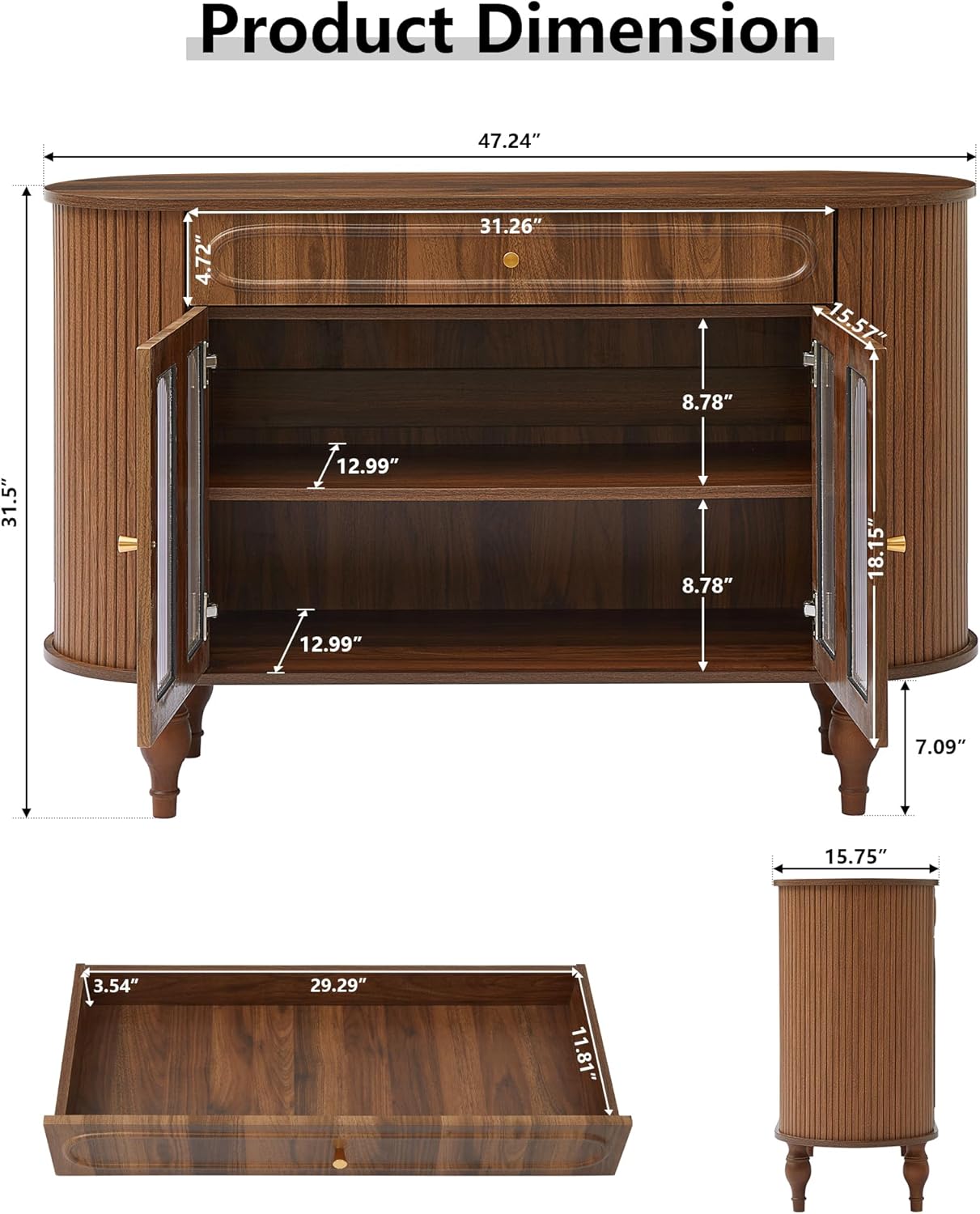 XUZENEST 47'' Fluted Sideboard Buffer Cabinet with Drawer, Modern Credenza Storage Cabinet, Bar Cabinet Console Table with Tambour Sliding Side for Living Dining Room Kitchen Hallway Entryway, Walnut