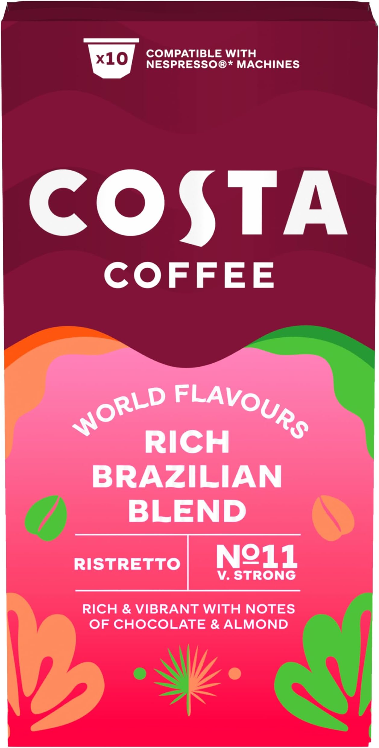 Costa Coffee Aluminium Capsules Compatible With Nespresso Brazilian Ristretto 10 Count, Dark Brown Coffee