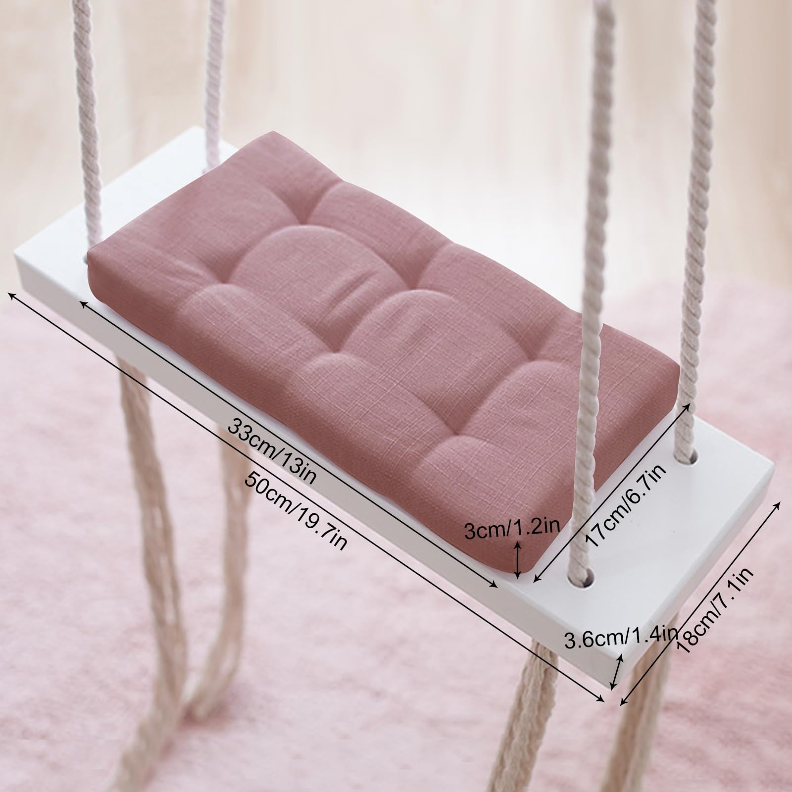 Columpio infantil de 50 x 18 x 3,5 cm, 50 kg, carga rosa, madera maciza con cuerdas de cáñamo engrosadas y cojín de esponja, columpio para interiores para habitación infantil y jardín