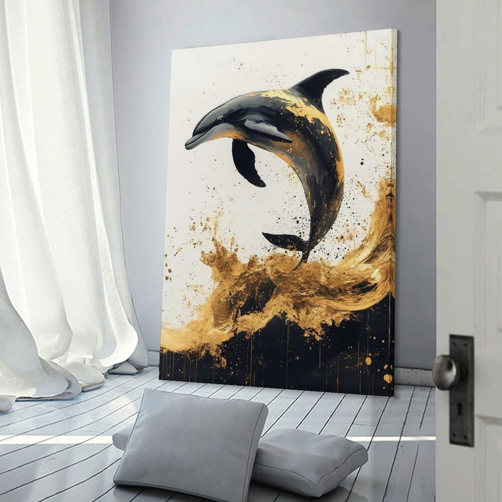 Junmoney Golden Dolphin Splash Wall Picture Print, 24x36inch(60x90cm), for Gallery Wall Decor And Room Displays, A Versatile Canvas Print for Layering