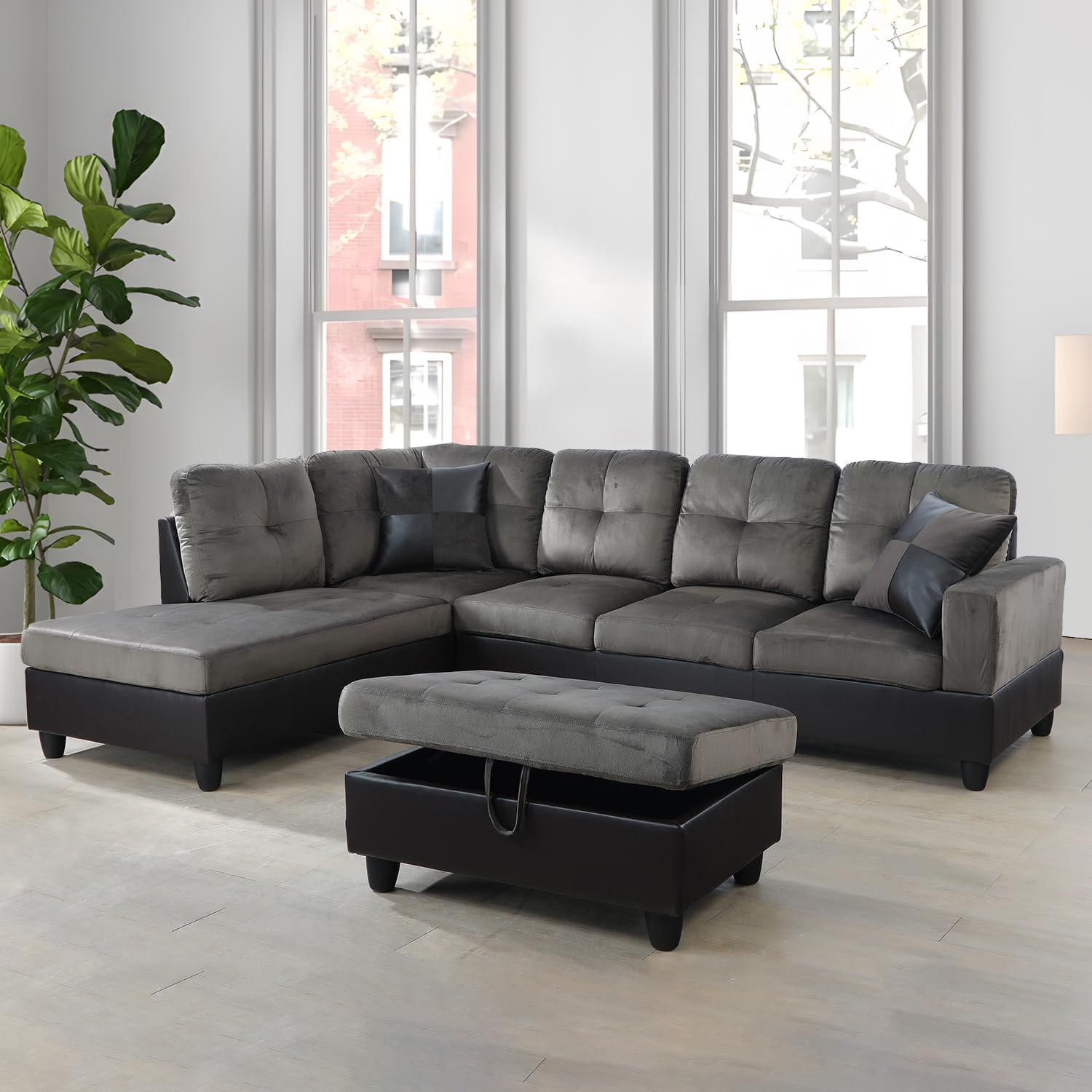 L-Shaped Sectional Sofa Set, 3-Seater Sofa with Chaise, Taupe Microfiber Couch with Storage Ottoman, Small Space Living Room Sofa Set (Left-Hand Facing)