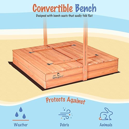 Miniatura 4 de Caja de arena de madera para niños con cubierta, asientos de banco plegables, techo retráctil, juego al aire libre, gran pozo de arena con tapa