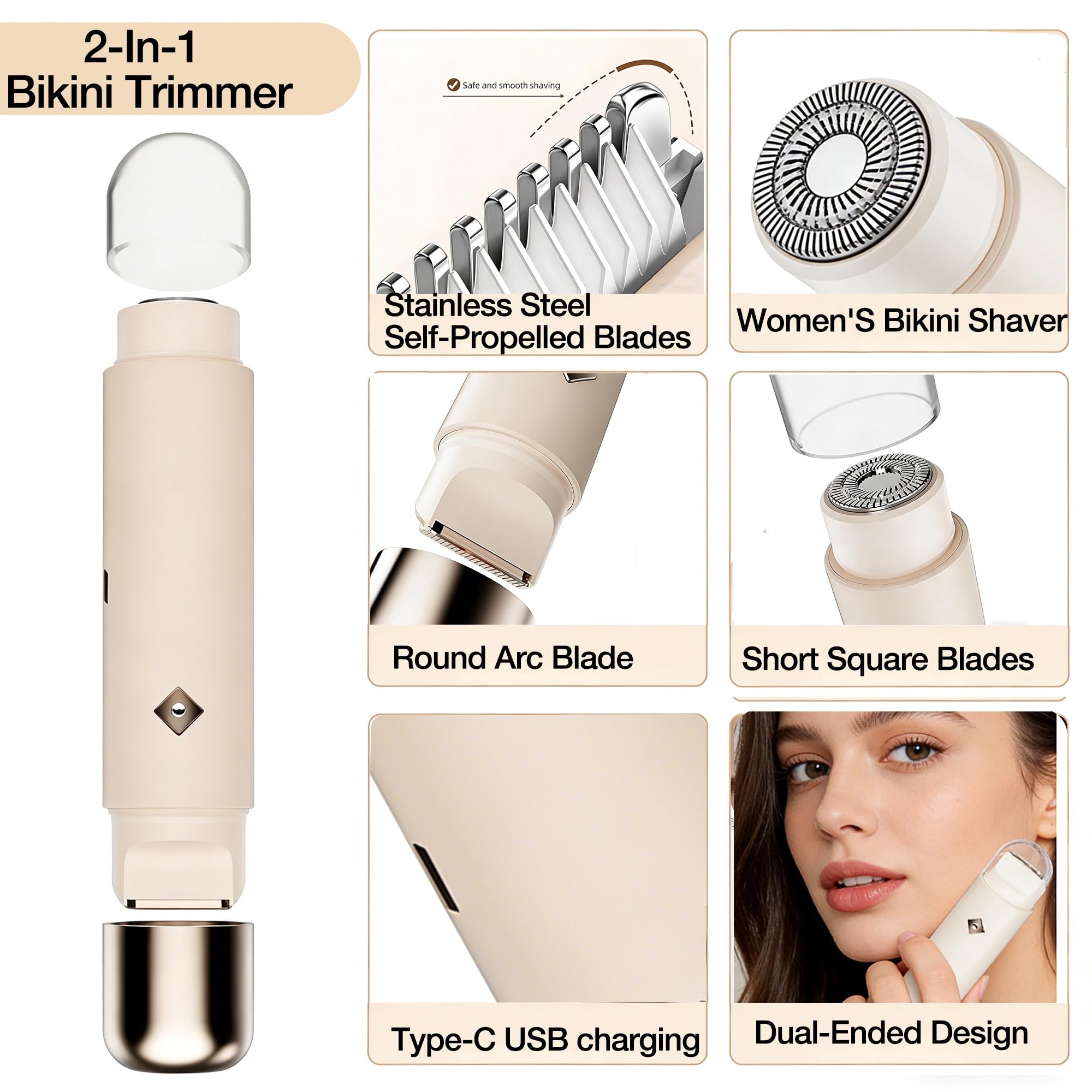 2-in-1 Elektrorasierer für Damen, Bikini-Trimmer und Körperrasierer mit 3D-Keramikklingen, Nass- und Trockenrasur, kabellos, wiederaufladbar (USB-C) für Beine, Achseln, Gesicht und Reisen