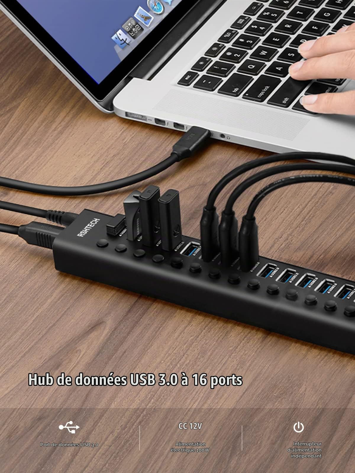 RSHTECH Hub USB 3.0 Aluminium, 16 Ports USB 3.0 Hub, RSH-A16