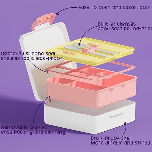 Miniatura 3 de Fimibuke Lonchera Bento para niños, a prueba de fugas, con 4 compartimentos, sin BPA, apta para lavavajillas, con utensilios, tamaños de porciones