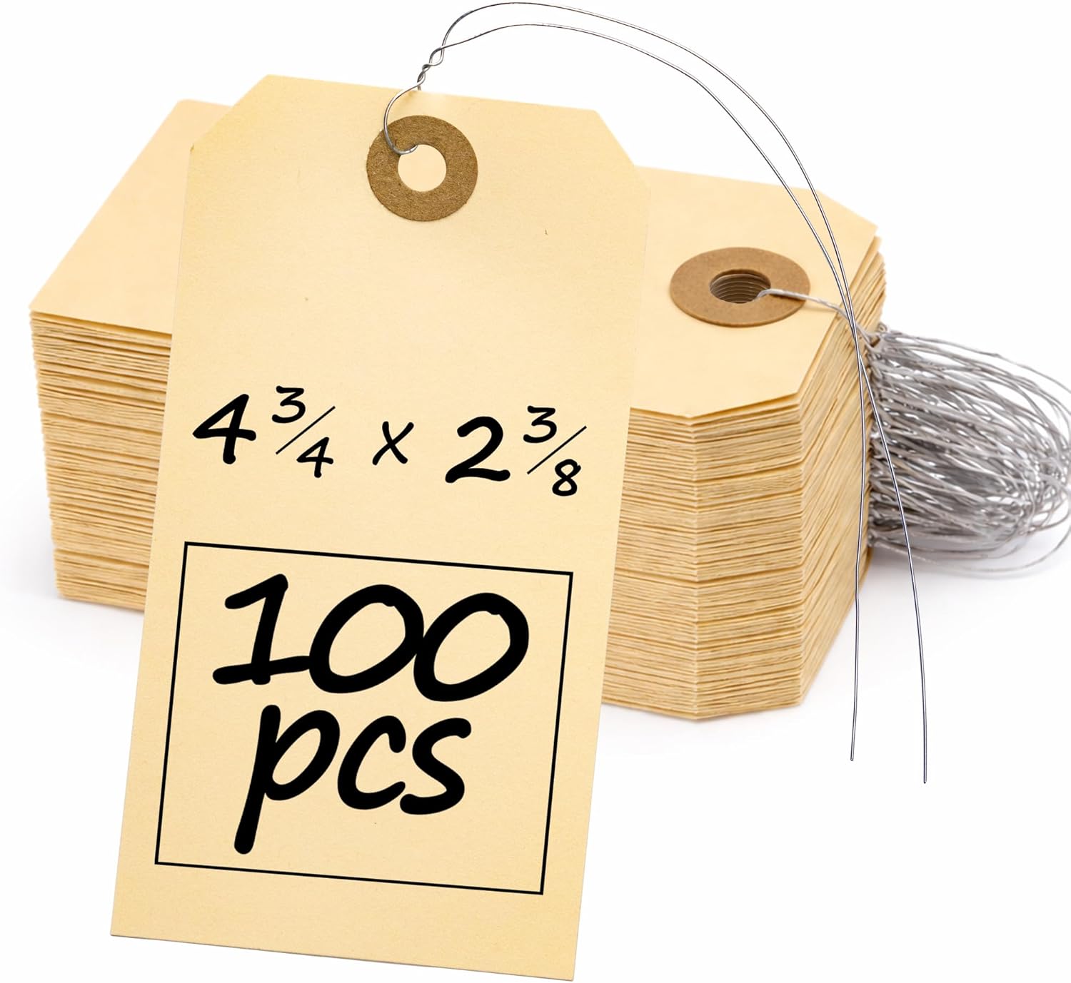 Perco Manila Shipping Tags with Metal Wires — Large Durable Blank Paper Tags 4¾″ x 2⅜″ — Ideal for Labeling and Inventory Use — Box of 100