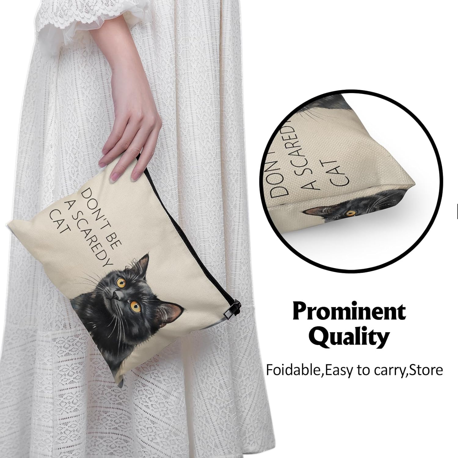 Cafl Scaredy Cat Makeup Bag Cute Cat Cosmetic Bag for Women Large Capacity Make Up Bag Portable Travel Toiletry Pouch Organizer 10 * 8inch - Image 5