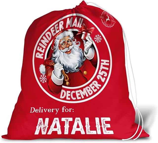 Reindeer Mail Delivery Santa Sack with Personalised Name - Large Red Gift Bag/Stocking by Finger prints