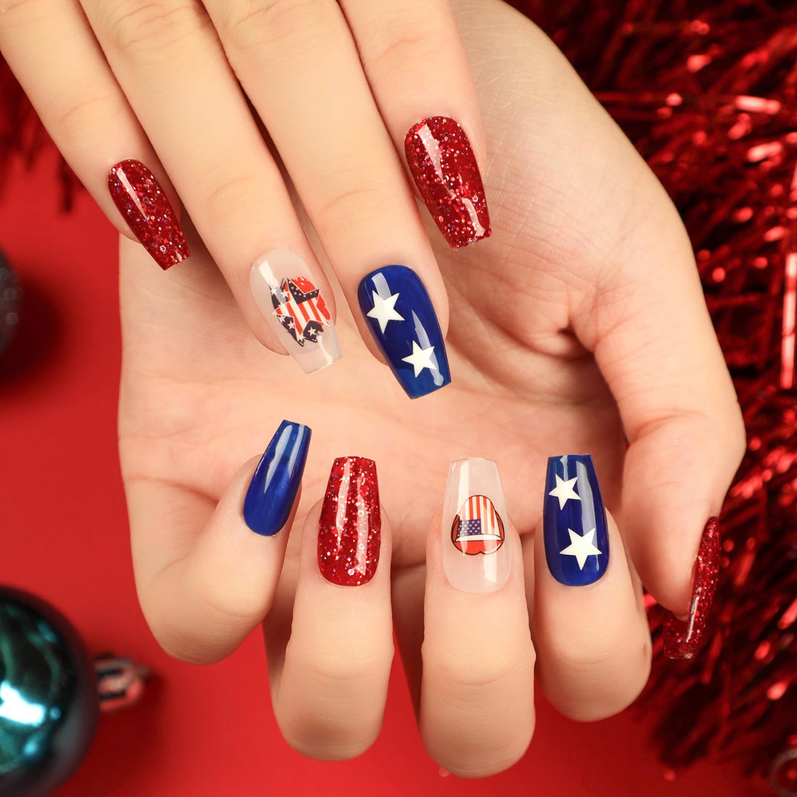 Independence Day Square Fake Nails, Star Press on Nails Medium Length with Red Glitter Design, July 4th Glossy False Nails Set for Women Holiday
