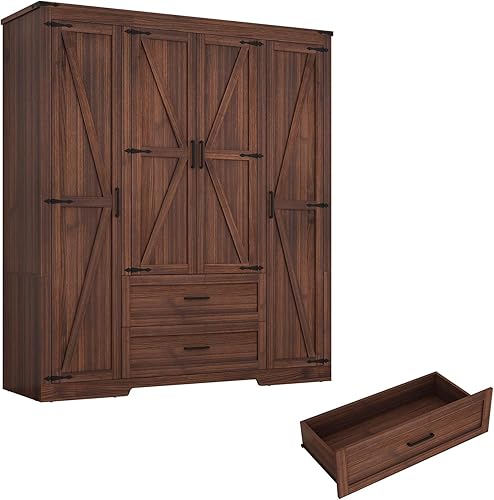 Vista 6 de Armario de ropa con 4 puertas y cajones, armario de madera estilo granja con estantes y barra para colgar para dormitorio, marrón