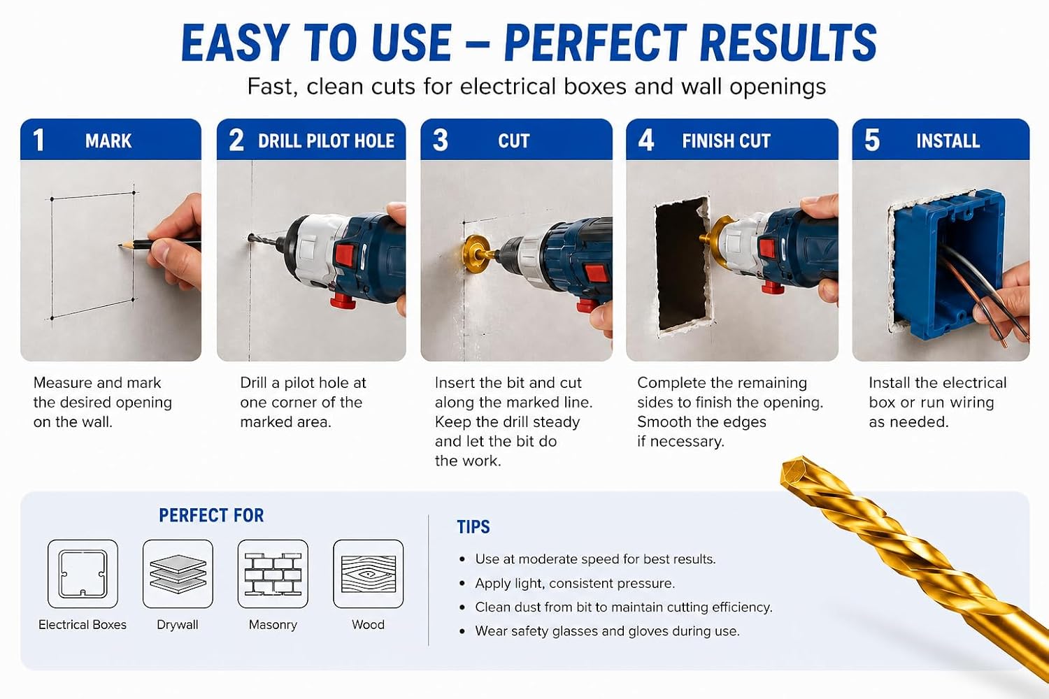 Drywall Cut Out Bit 5/32 inch Sabre Point HSS Cutout Router Bit Titanium Nitrided Cutting Zip Bits for Gypsum Board-30Pcs