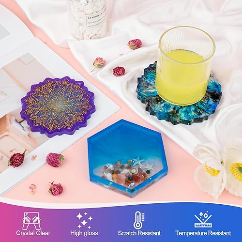 Miniatura 6 de KISREL Kit de resina epoxi para principiantes, kit de resina de 32 onzas con moldes de posavasos, accesorios completos que incluyen pigmento, polvos