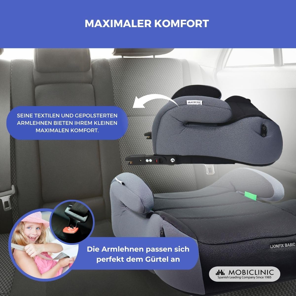 Mobiclinic®, Kindersitzerhöhung, ISOFIX Verstellbar, I-Size ECE R129, Herausnehmbarer Flaschenhalter, 125–150 cm, Abnehmbarer und Waschbarer Bezug, 22–36 kg, Gepolsterte Armlehnen, Lionfix Basic