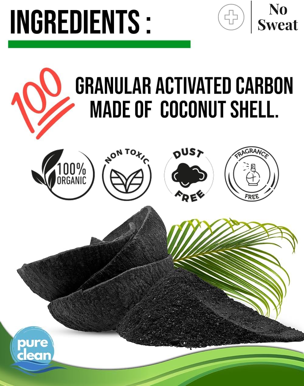 No Sweat Neutralizador de olores de carbón activado para gatos, hecho de cáscara de coco, todo natural, sin productos químicos, ingredientes tóxicos, sin perfume, apto para el planeta, paquete