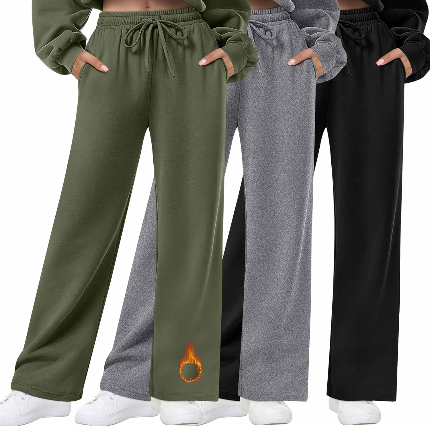 3 Pack Womens Fleece Lined Sweatpants Straight Leg Thermal Baggy Lounge Pants Elastic Waist Joggers with Pockets