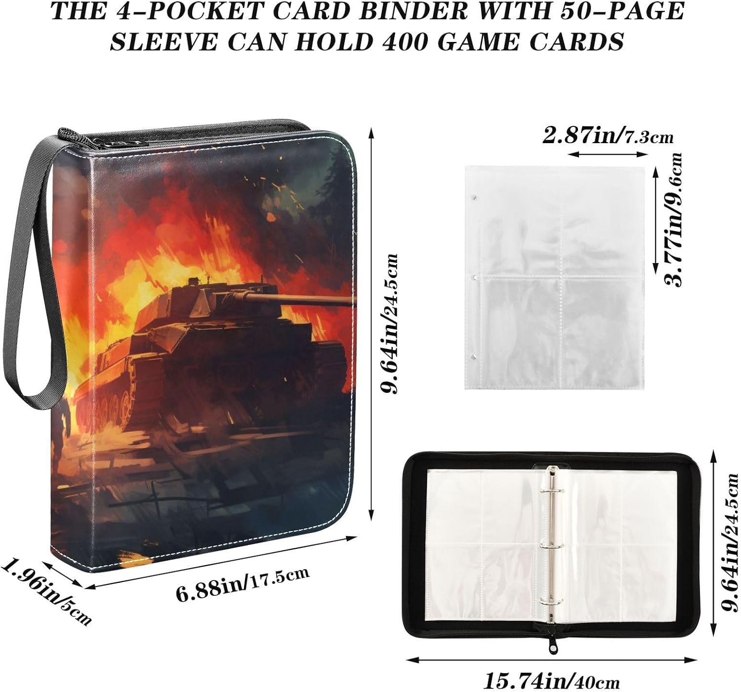 4 Pockets Trading Card Album Holder Book Folder Sports Card Binder War Fire 400 Double Side Pockets for 3 Ring Binder Zipper