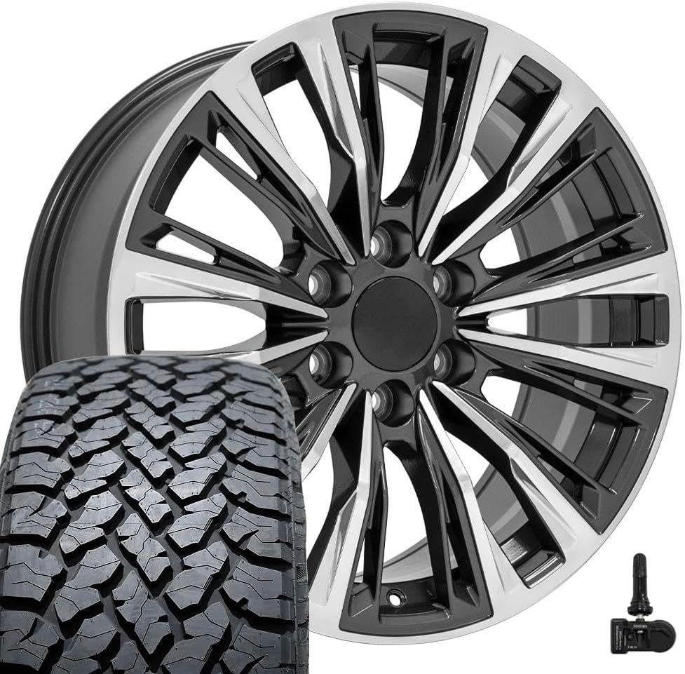 OE Wheels CA93 20 Inch Rims and Tires Fit Escalade-V Series Style 6x139.7 20x9 Gloss Gunmetal with Polished Face - Hollander 4869 - TS-37 AT 275/55-20 (Set of 4)