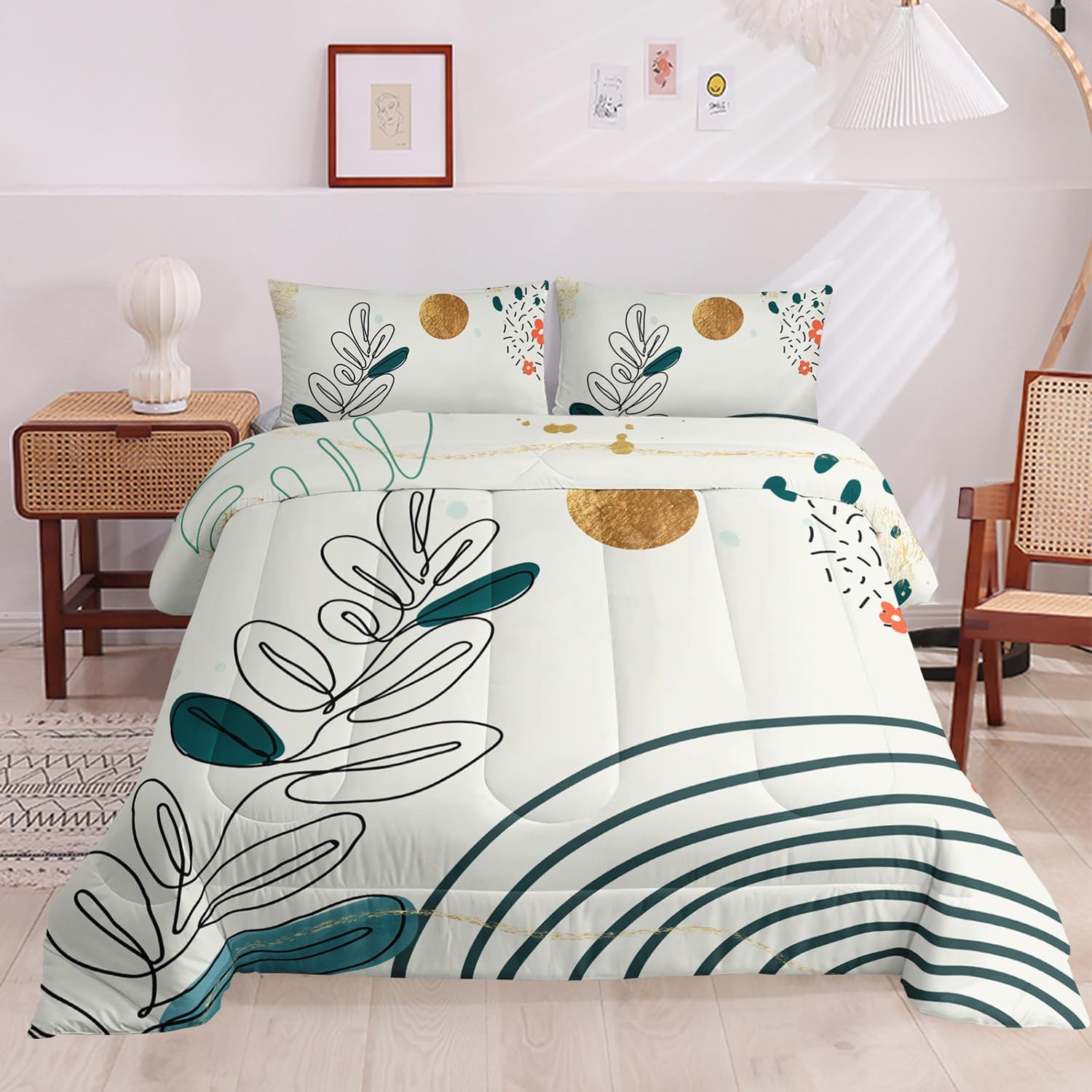 Mid Century Boho Yellow Comforter Set King Size, Abstract Arch Sun Comforter Bedding Set for All Seasons,Soft Microfiber 3 Pieces Comforter Set with Pillowcases