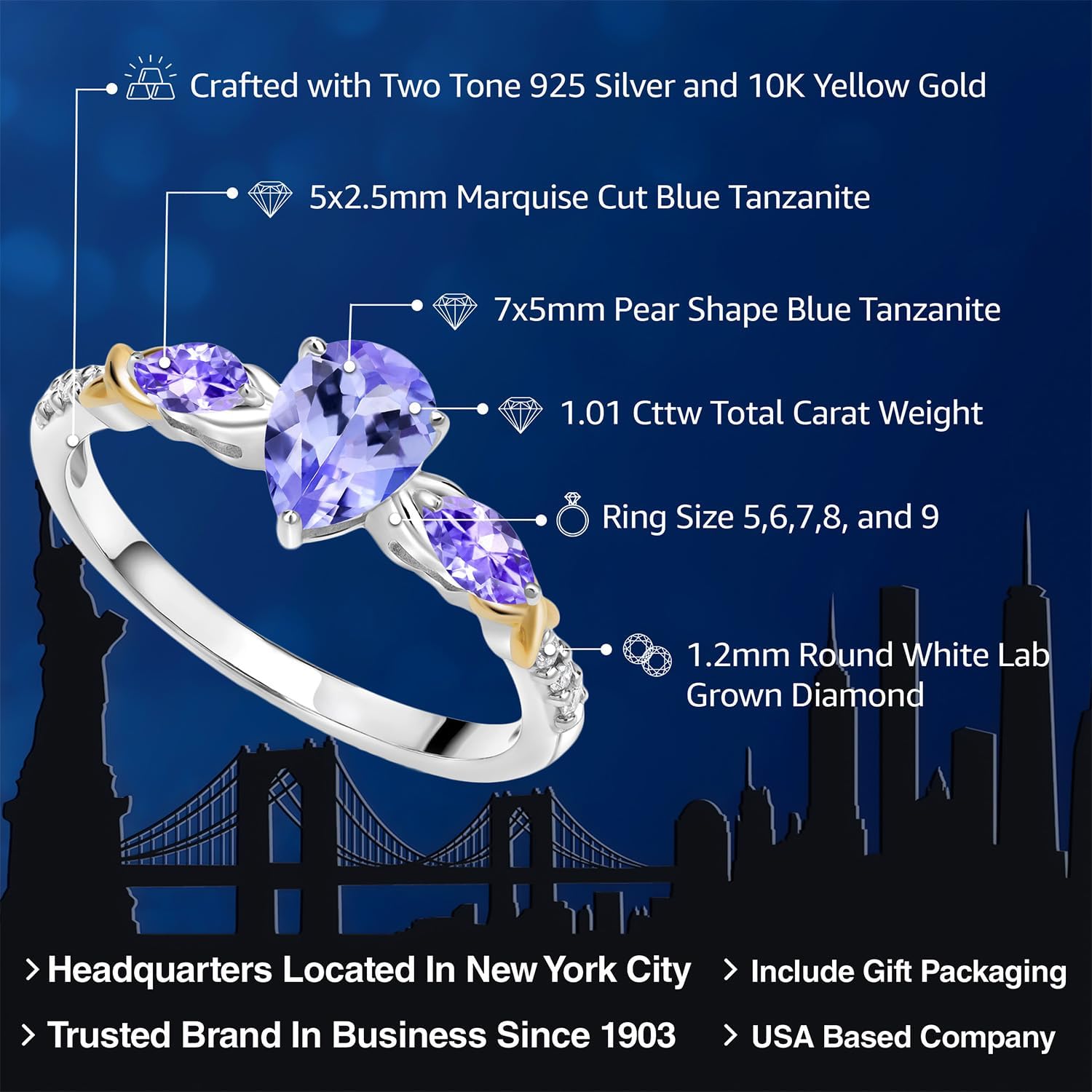 Gem Stone King 1.01 Cttw Pear Shape Blue Tanzanite and White Lab Grown Diamond Engagement Ring For Women | 925 Silver 10K Yellow Gold | Gemstone Birthstone | Available In Size 5, 6, 7, 8, 9