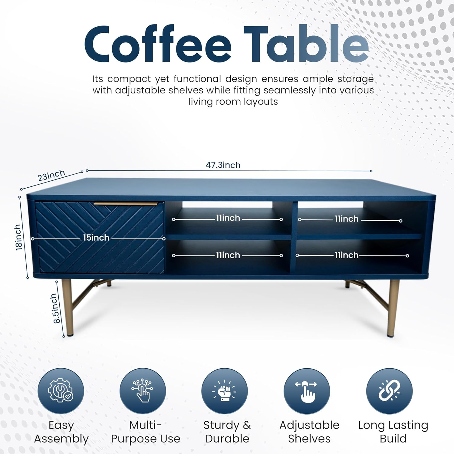 Modern Coffee Table with Storage - Dark Blue Matte Finish with Gold-Tipped Legs, Square Coffee Table for Living Room and Farmhouse with Storage Compartment and Adjustable Shelves