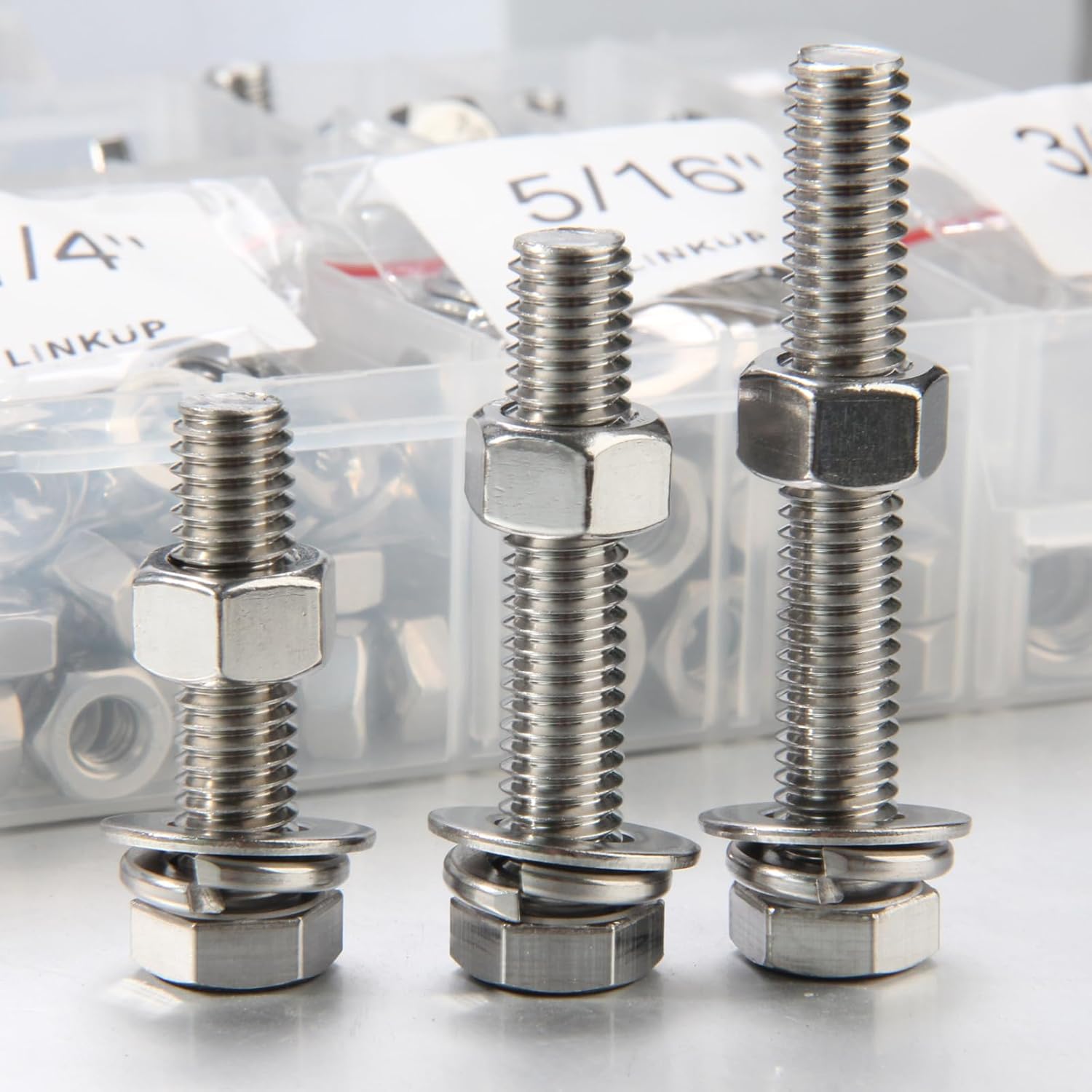 307PCS Nuts and Bolts Assortment Kit,1/4-20, 5/16-18,3/8-16 Hex Head 304 Stainless Steel Bolts and Nuts Kit, Assorted Nuts and Bolts, Flat & Spring Lock Washers with Case