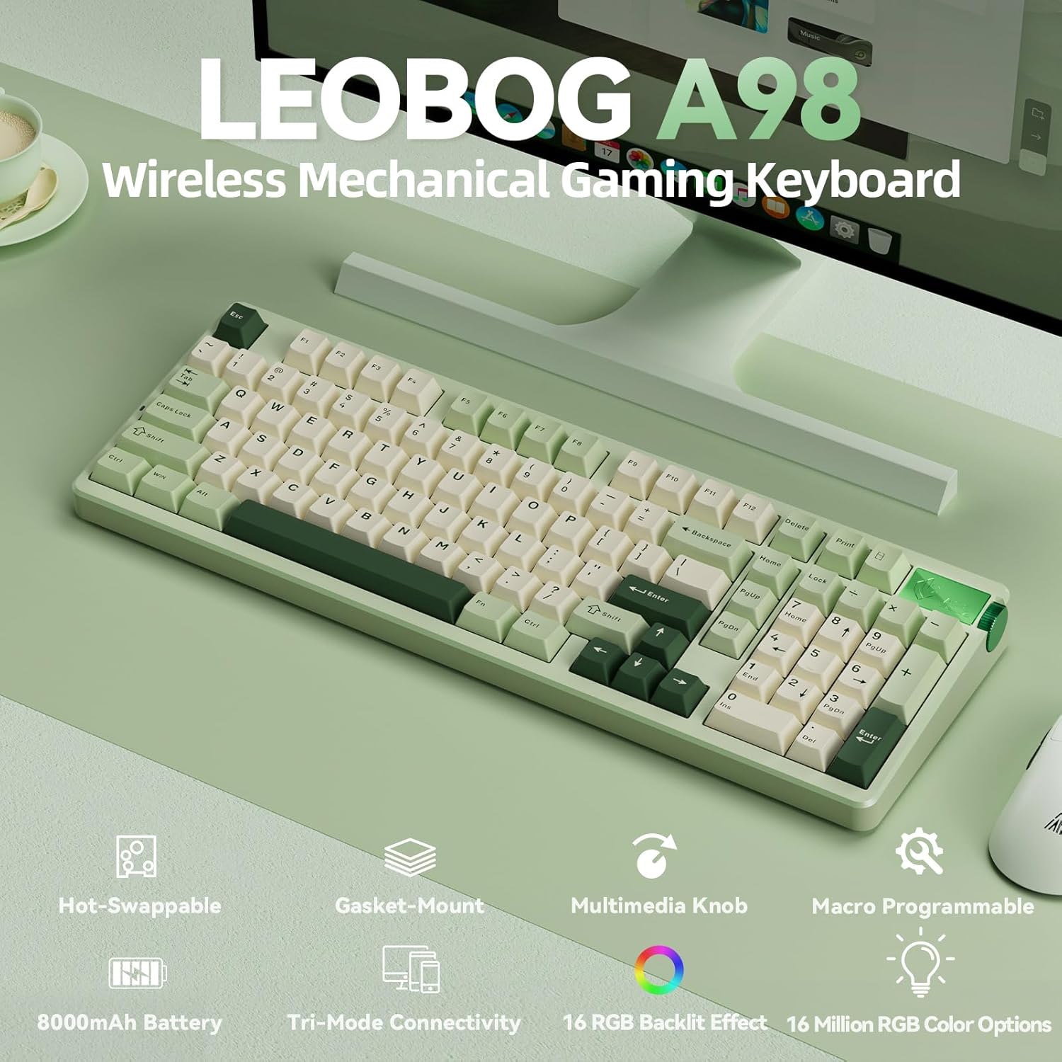 LEOBOG A98 Keyboard highlighting its 8000mAh battery capacity, showing 38 hours with RGB on and 800 hours with RGB off.