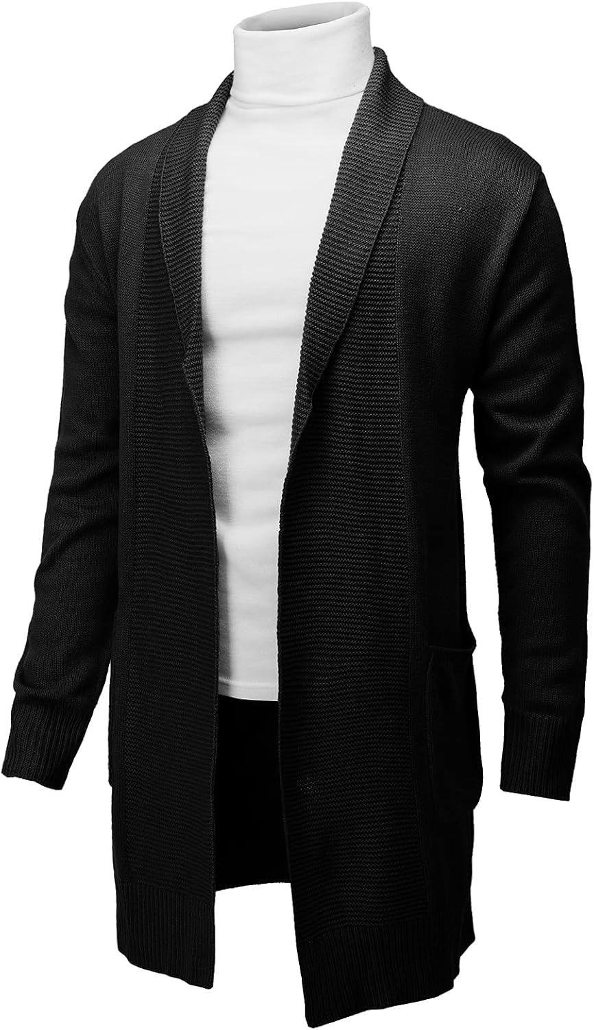 H2H Mens Casual Comfortable Fit Ruffle Shawl Collar Knitted Open Front Long Length Sweater Cardigan