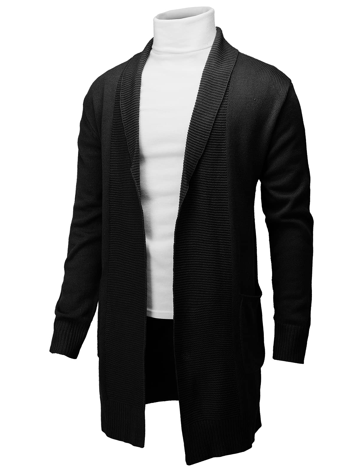 H2H Mens Casual Comfortable Fit Ruffle Shawl Collar Knitted Open Front Long Length Sweater Cardigan