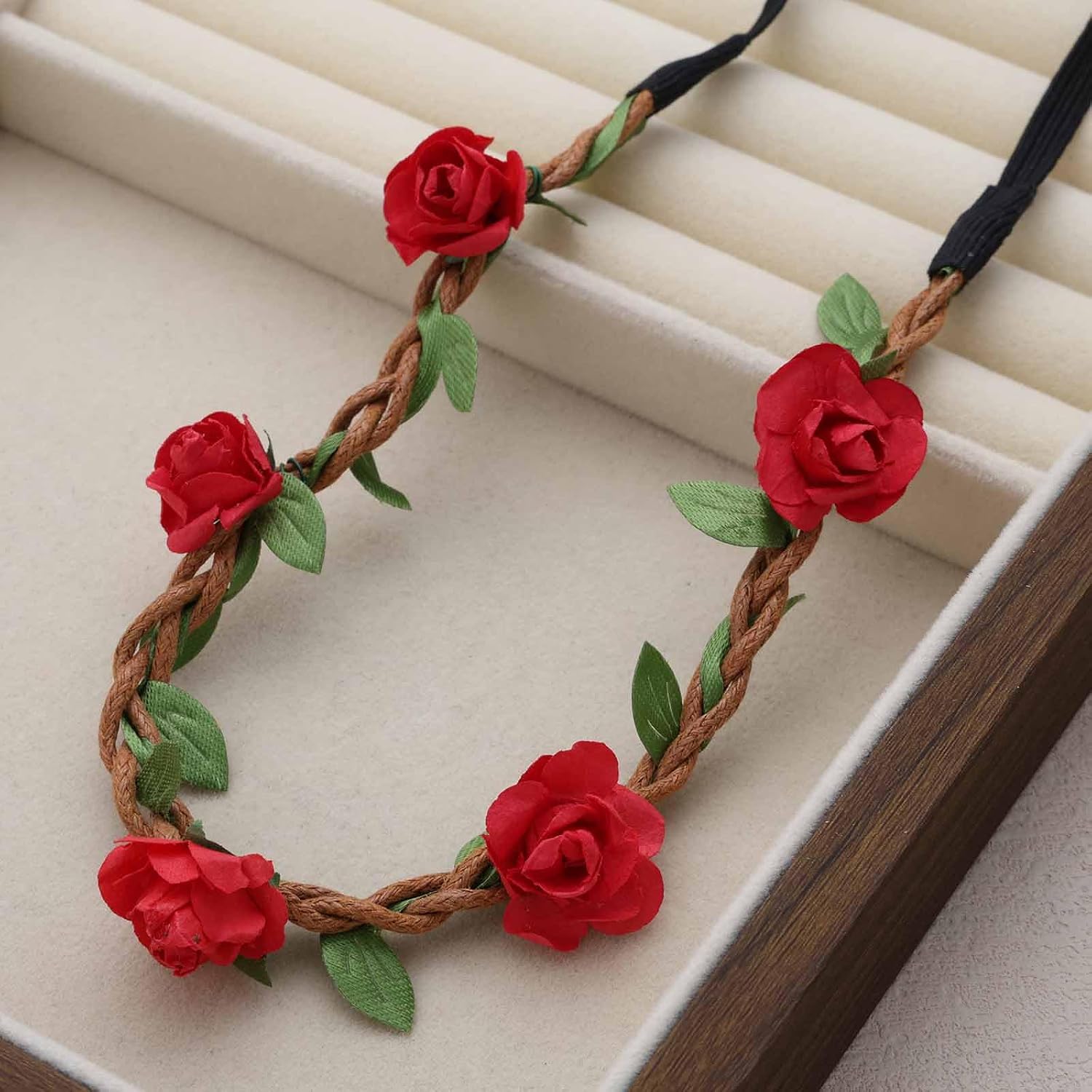 Flower Hairband Flower Crown Headband Red Floral Hairbands Artificial Rose Hair Wreath Floral Headpiece Headband Adjustable Elastic Hair Band Hawaiian Party Accessories Jewelry for Women image 4