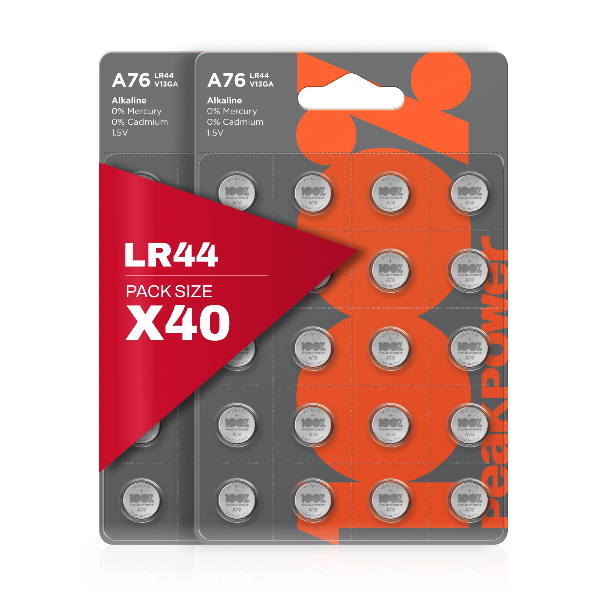 100PP LR44 Button Cell Batteries, AG13, A76, 1.5V Alkaline Batteries for Watches, Toys, Calculators, Thermometers, Remotes & More, 40 Pack Leak proof Button Coin Cell with Long Lasting Power