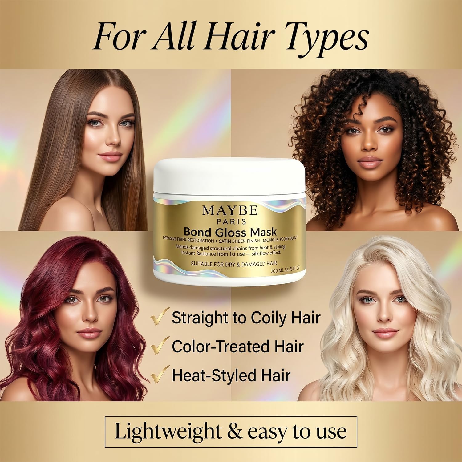 Maybe Paris Bond Gloss Mask - Naturels Deep Repair Hair Mask, Hydrating & Gloss Deep Hydration for Dry, Dull, Damaged, Brittle Hair