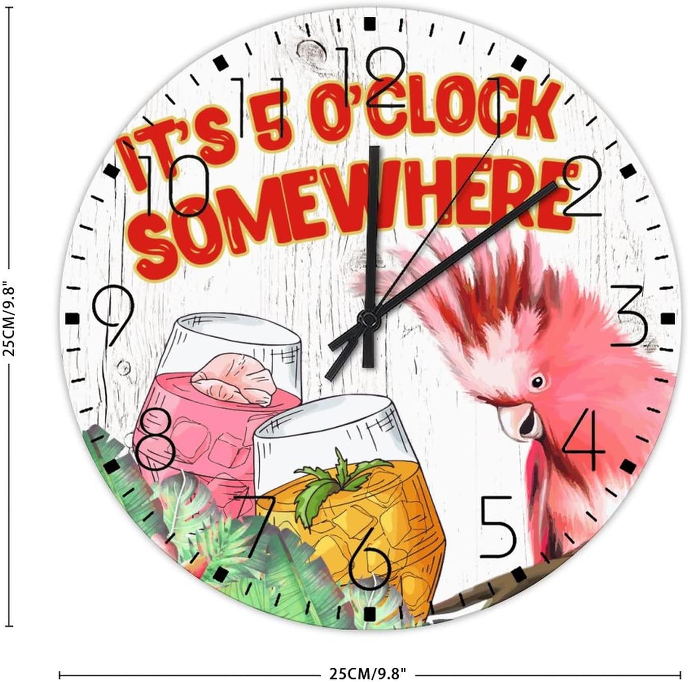 Wooden Wall Clock Battery Operated Non Ticking It's Five O'clock Somewhere Beautiful Wall Clocks Summer Tropical Luau Parrot Home Decor for Washroom Office Dining Room 10 Inch