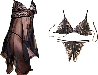 Lingerie for Women 3PC Set Lace Babydoll Strap Chemise Sexy V Neck Sleepwear,Lace Bra and G-String Underwear