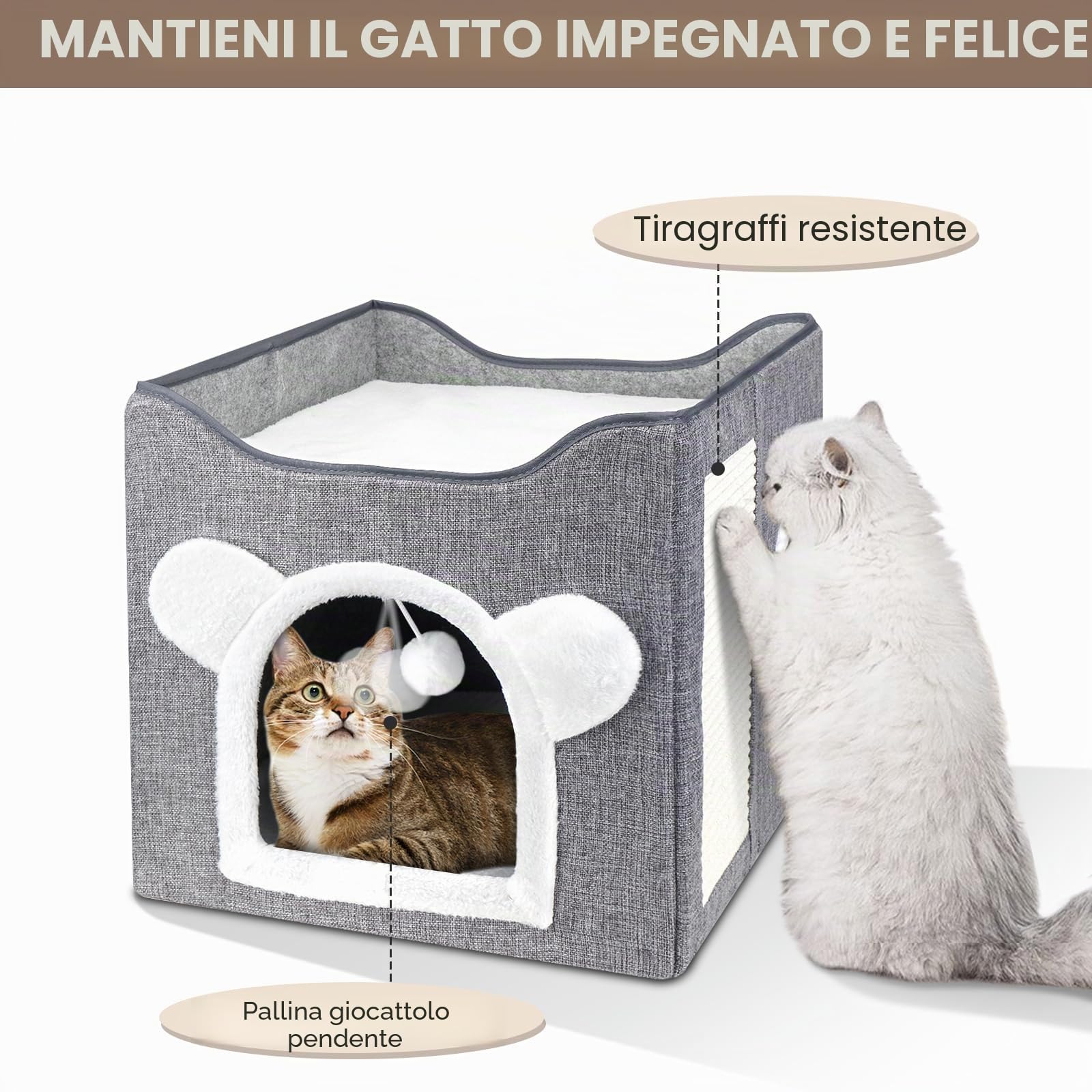 Casetta pieghevole per gatto, Cuccia Gatto Casa pieghevole con terrazza, letto a 2 strati grande grotta con tiragraffi e Pallina da Gioco