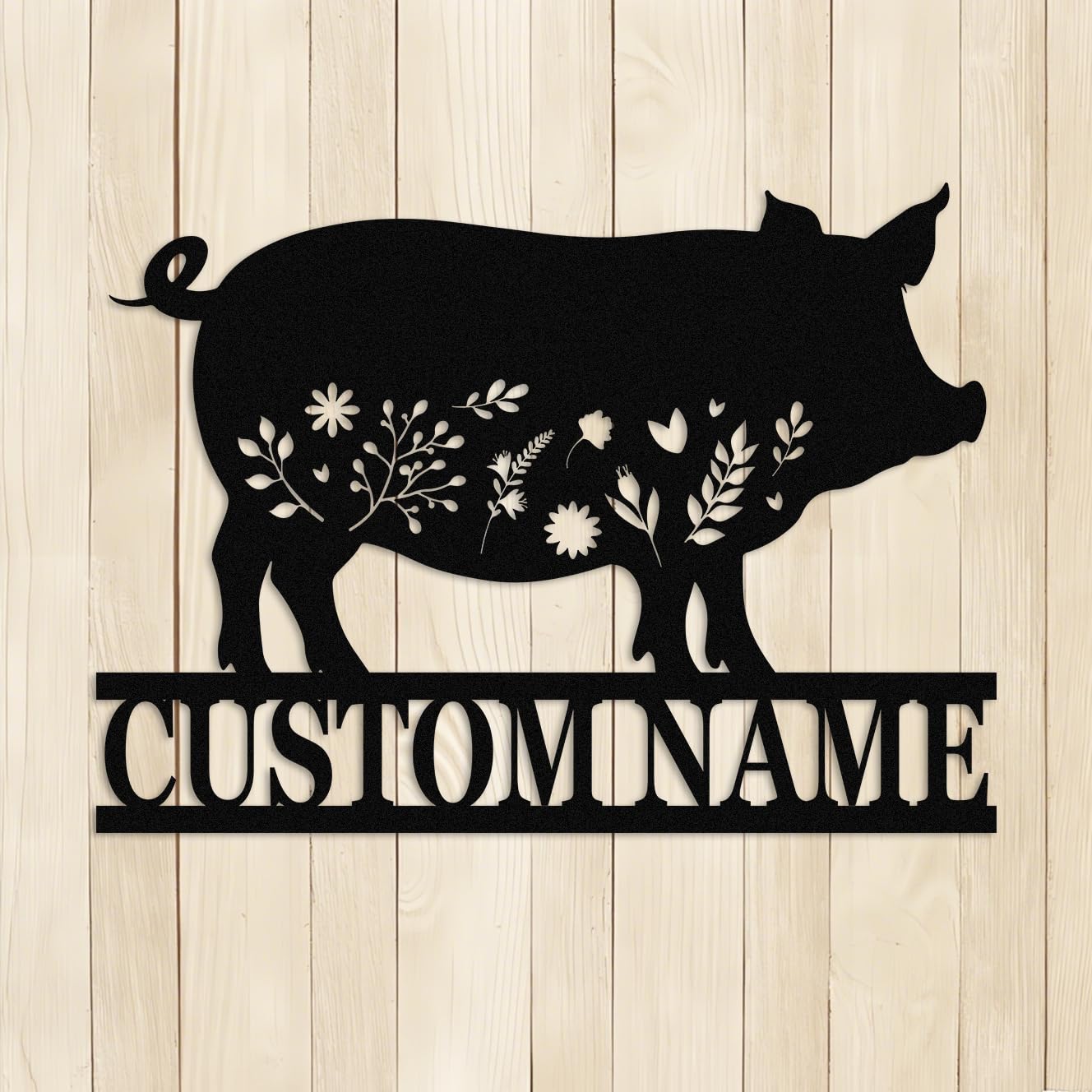 Met5kdm Pig-1 Personalised Pig Metal Name Sign,Custom Farm Pig Metal Wall Art,Ranch Farmhouse Kitchen Decor,Black Metal Plaque,Gift For Pig Lover