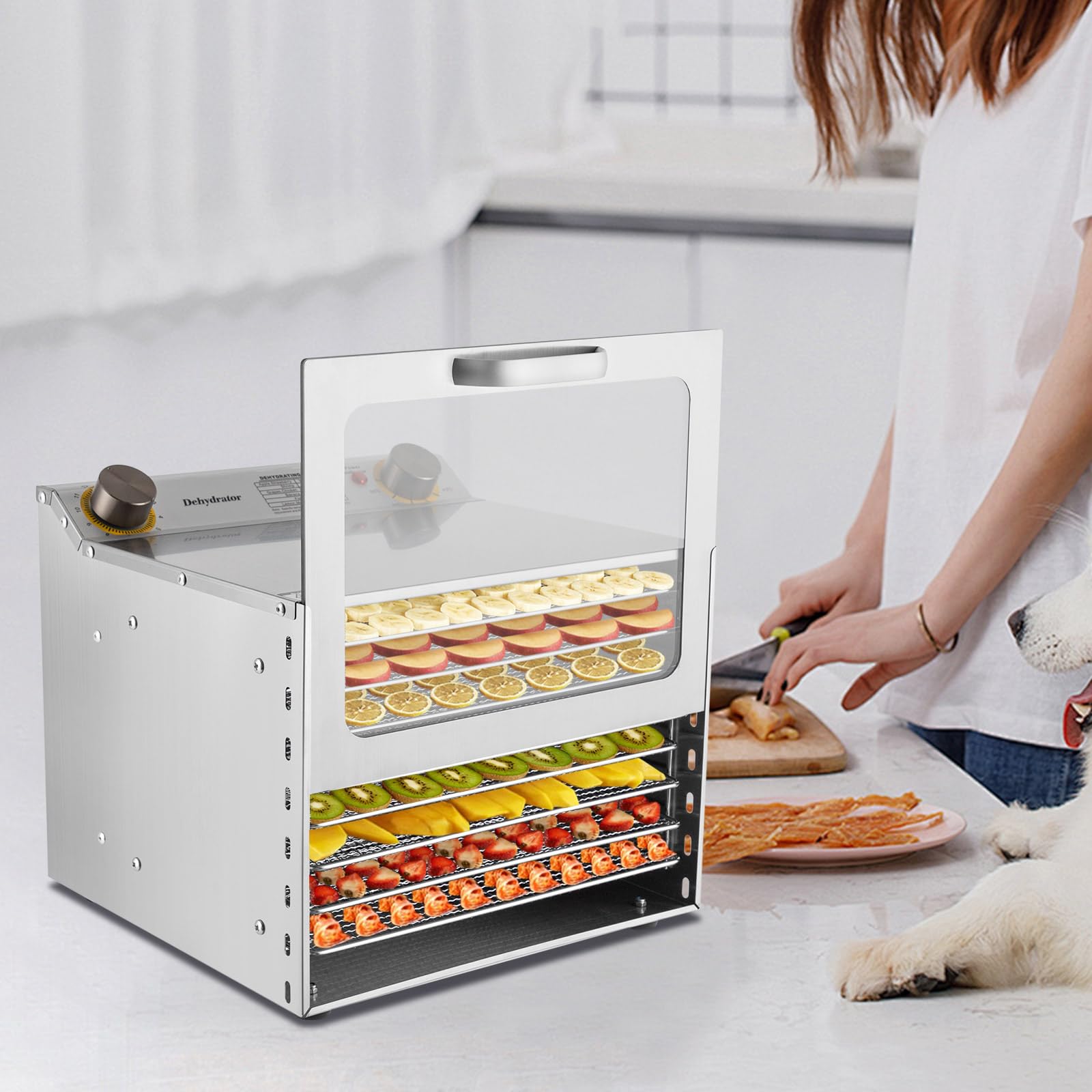 Suszarka ze stali nierdzewnej 400 W, urządzenie do suszenia z regulatorem temperatury 30-90℃ i regulatorem czasu 0-12 h, suszarka do warzyw, owoców, mięsa, kwiatów (8 poziomów)